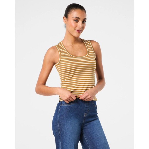 SPANX Tops - Spanx Mustard White Striped Scoop Neck Tank Top 100% Cotton Womens Size Small
